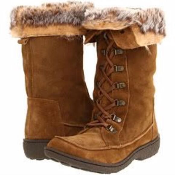 SAM EDELMAN Mariela Cognac Suede Leather Fur Lace-Up Boots Sz 7.5 - Picture 1 of 12